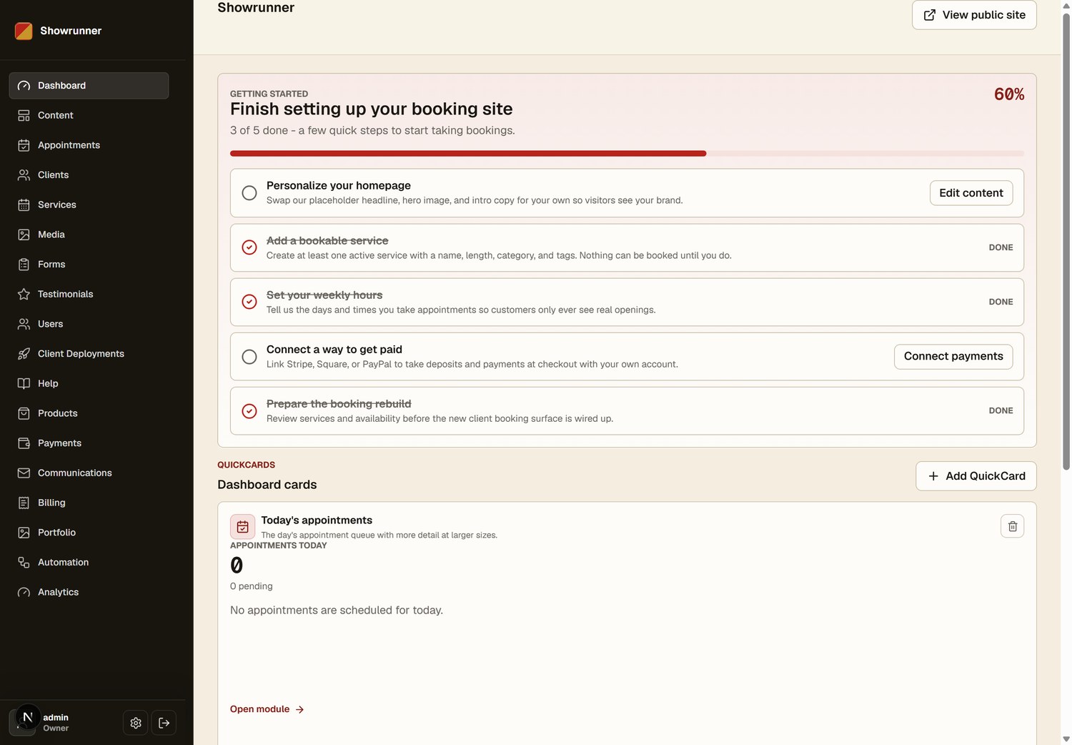 The Showrunner admin dashboard: a sidebar with Content, Appointments, Services, Media, Testimonials, and Payments, plus a getting-started checklist for setting up a booking site.
